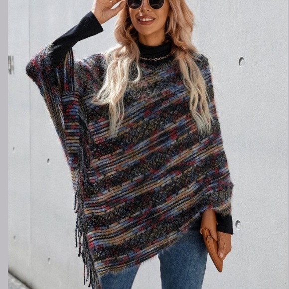 Colored Fuzzy Poncho Sweater - Picture 1 of 5